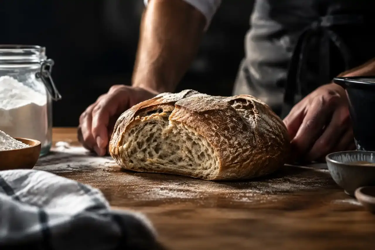 Gros plan cinématographique sur une miche de pain croustillante, farine en suspension et texture dorée