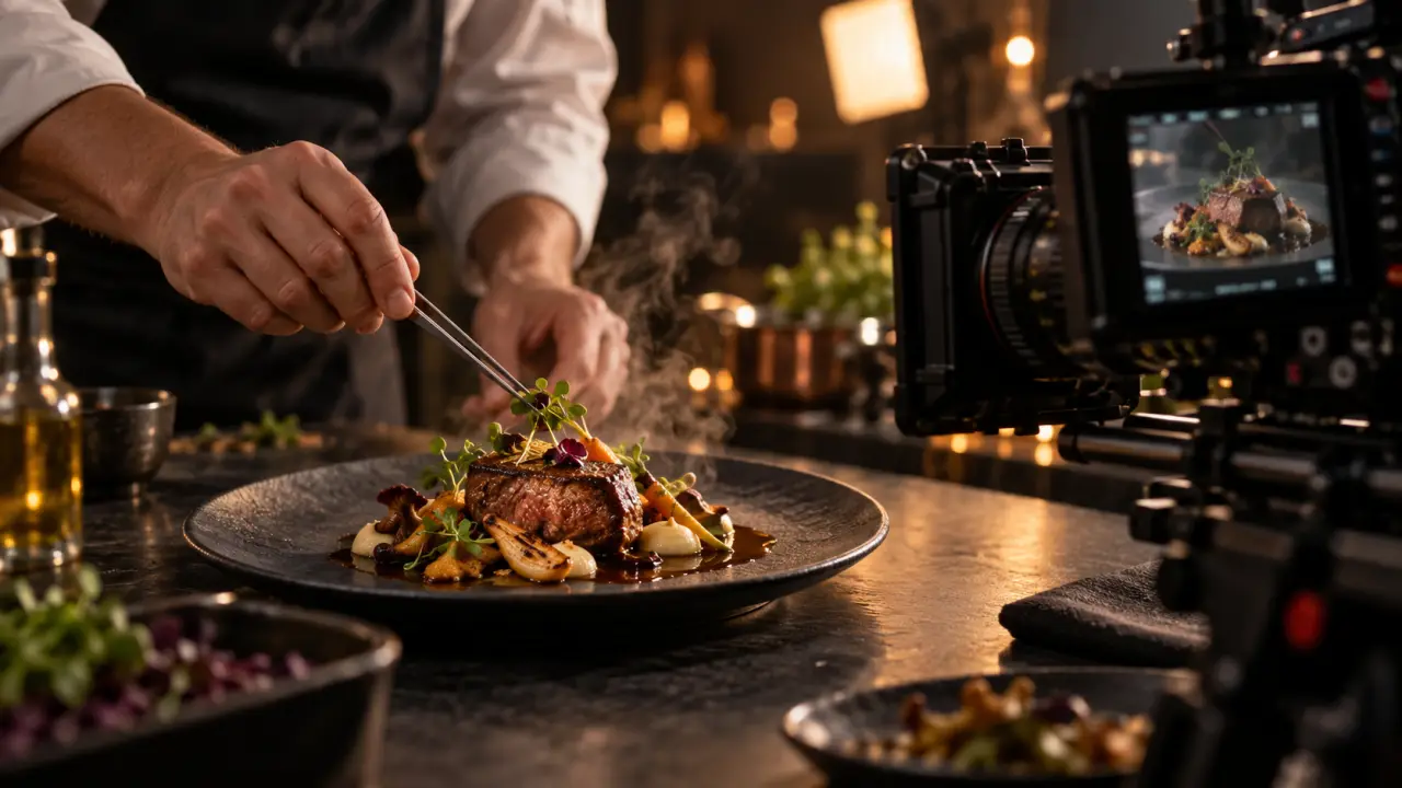 Chef dressant une assiette gastronomique filmée en très haute définition