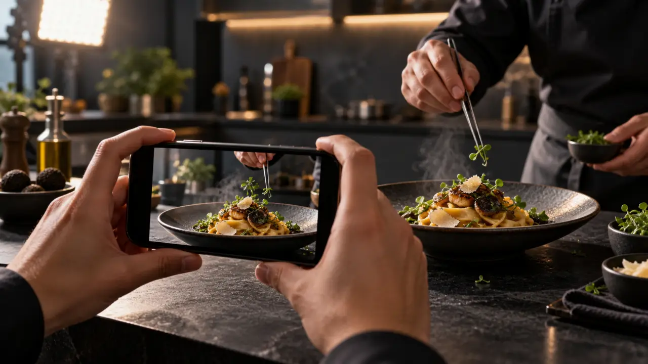 Chef dressant une assiette gastronomique filmée au smartphone dans une lumière dramatique